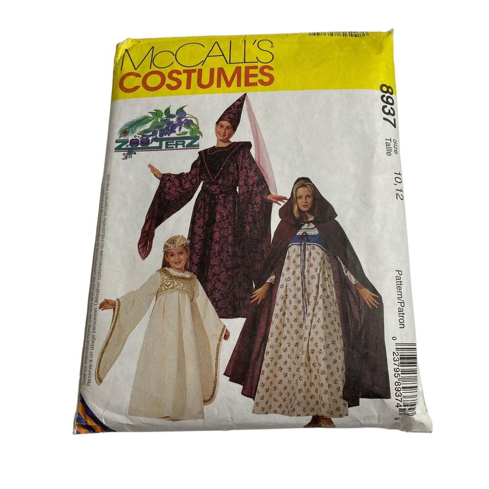 McCalls 8937 Girls Medieval Renaissance Costume Gown Cape Pattern 10 12 UNCUT